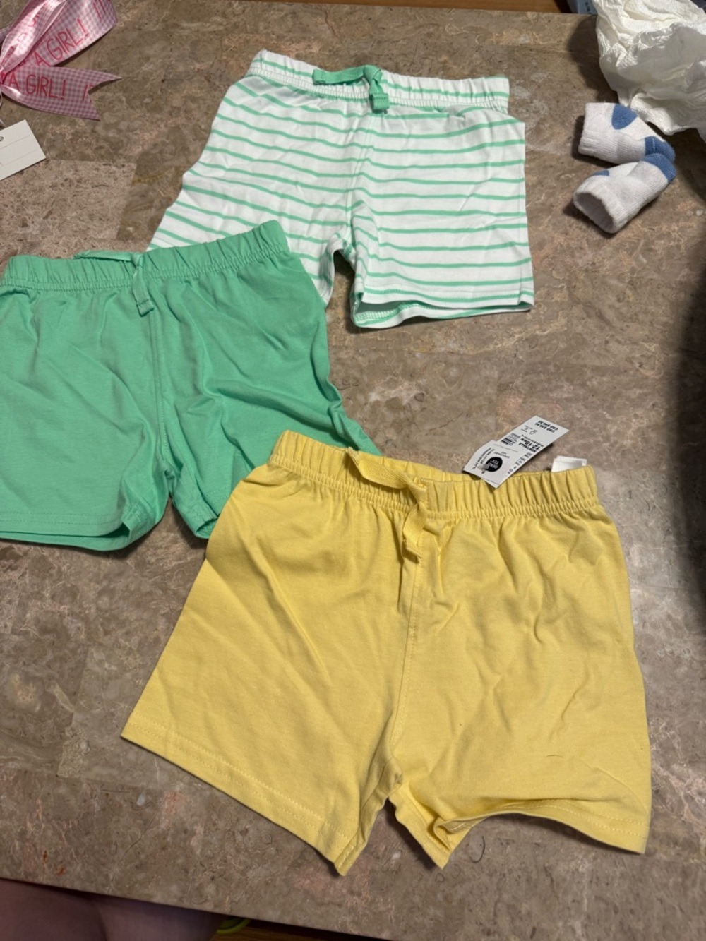Girls 3-Pack Cotton Elastic-Waist Shorts - Yellow, Mint & Mint Stripe